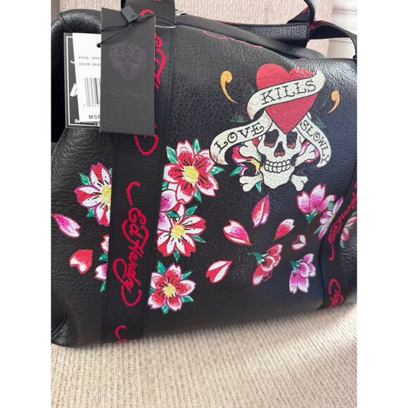 NWT ED HARDY LOVE KILLS SLOWLY WEEKENDER OVERNIGHT/TRAVEL TOTE SKULL FLOWERS - Picture 3 of 13
